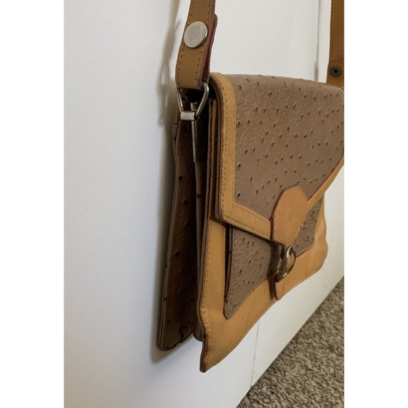 Vintage Taupe Ostrich Leather Handbag Purse with Honey Leather Strap & Trim - Picture 3 of 12